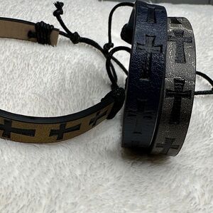 Leather Bracelets 3 Cross Embossed in Light Brown, Navy Blue & Charcoal Gray NWT